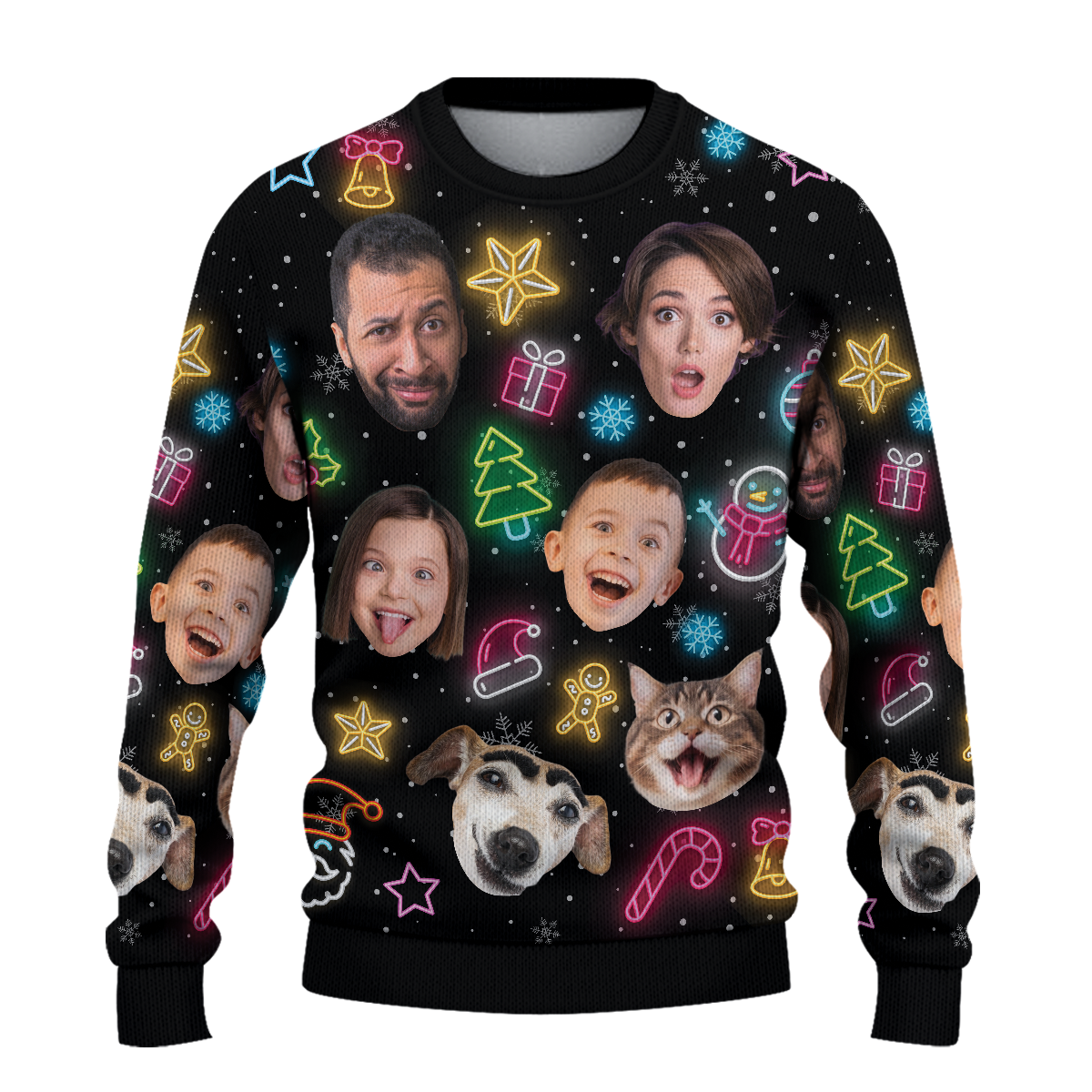 Personalized Face Photos Neon Christmas Light Ugly Sweater