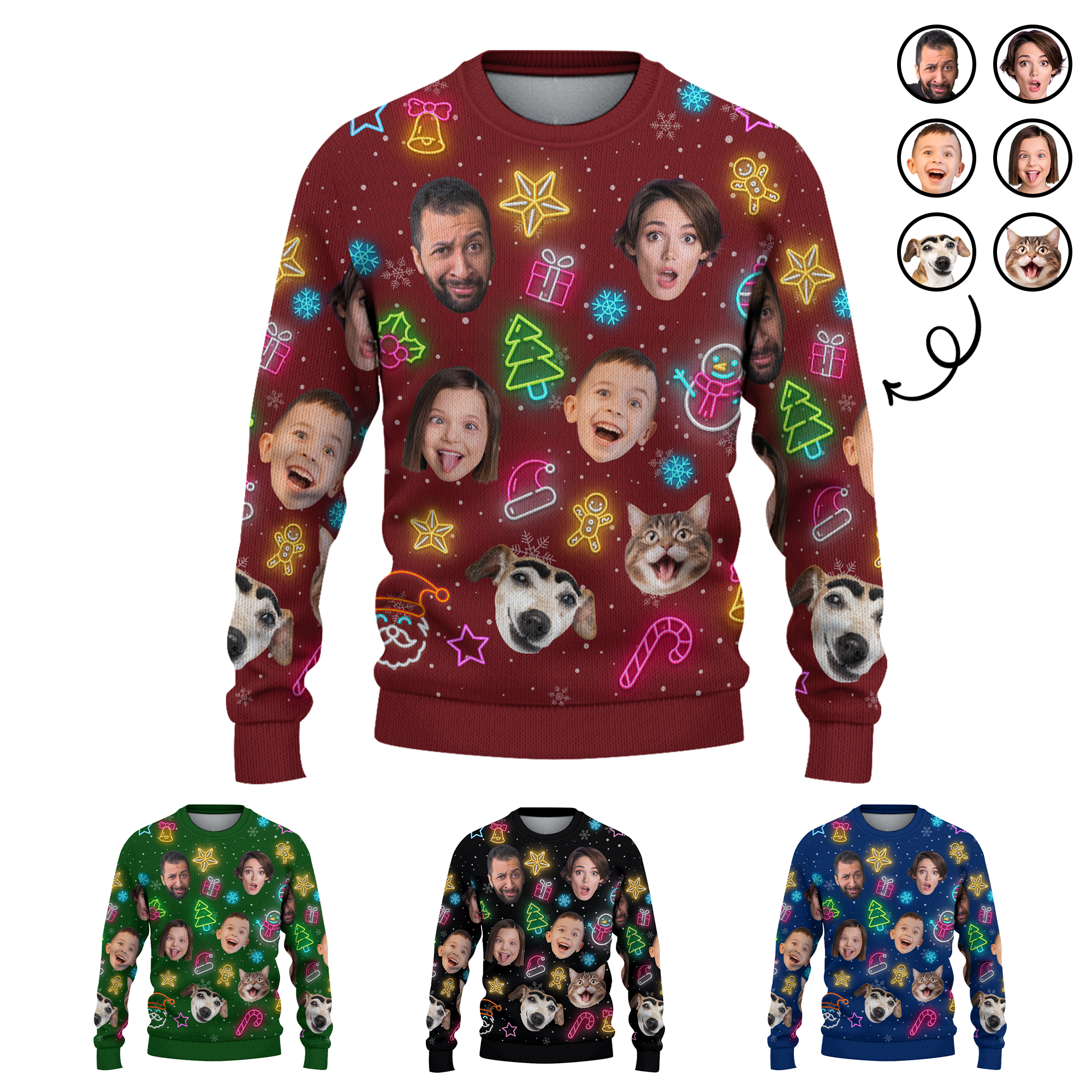 Personalized Face Photos Neon Christmas Light Ugly Sweater