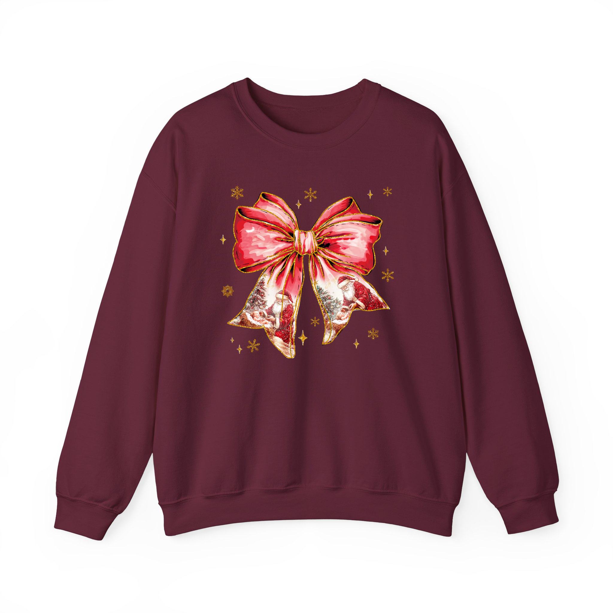 Santa Christmas Coquette Watercolor Sweatshirt, Girly Bow Shirt