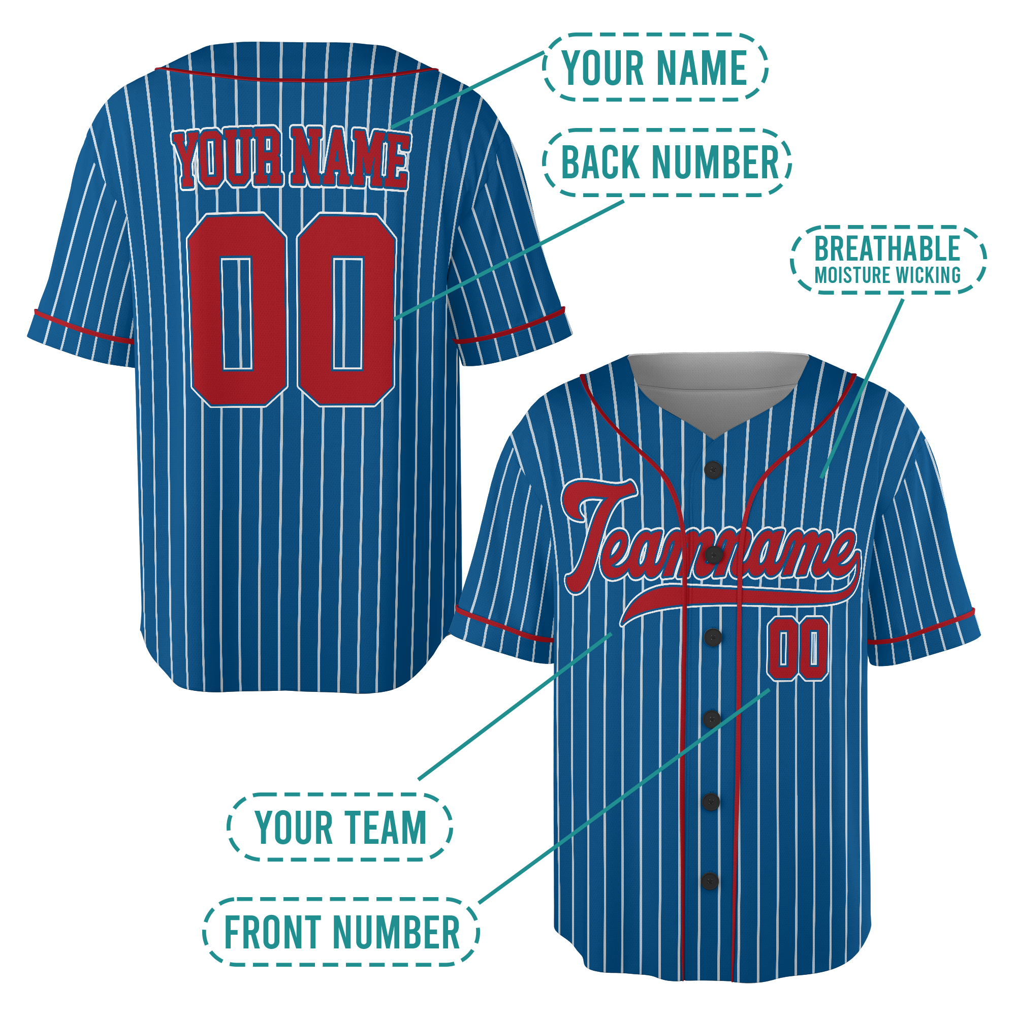 Custom Blue-Red Striped Baseball Jersey With Team Name Number Logo