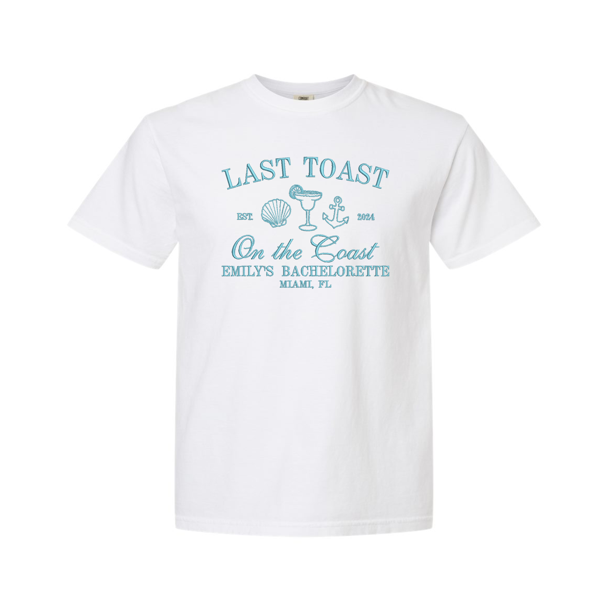 Last Toast on the Coast Beach Personalized Bridal Bachelorette Party Embroidered Comfort Color T-shirt