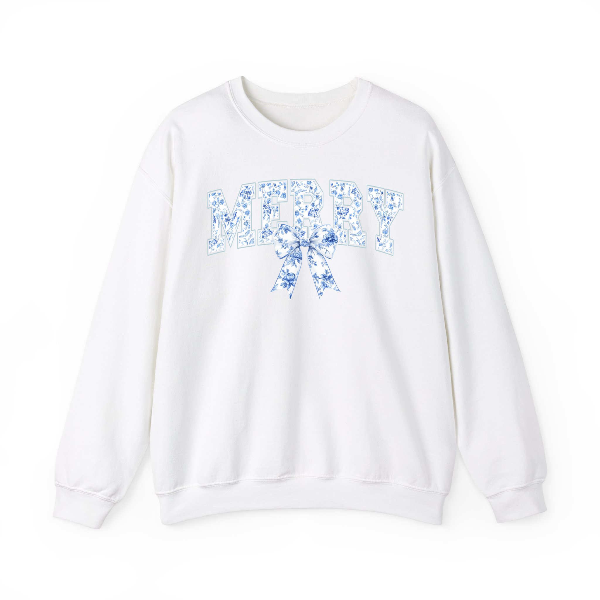 MERRY Blue Toile de Jouy Bow Girly Coquette Christmas Sweatshirt