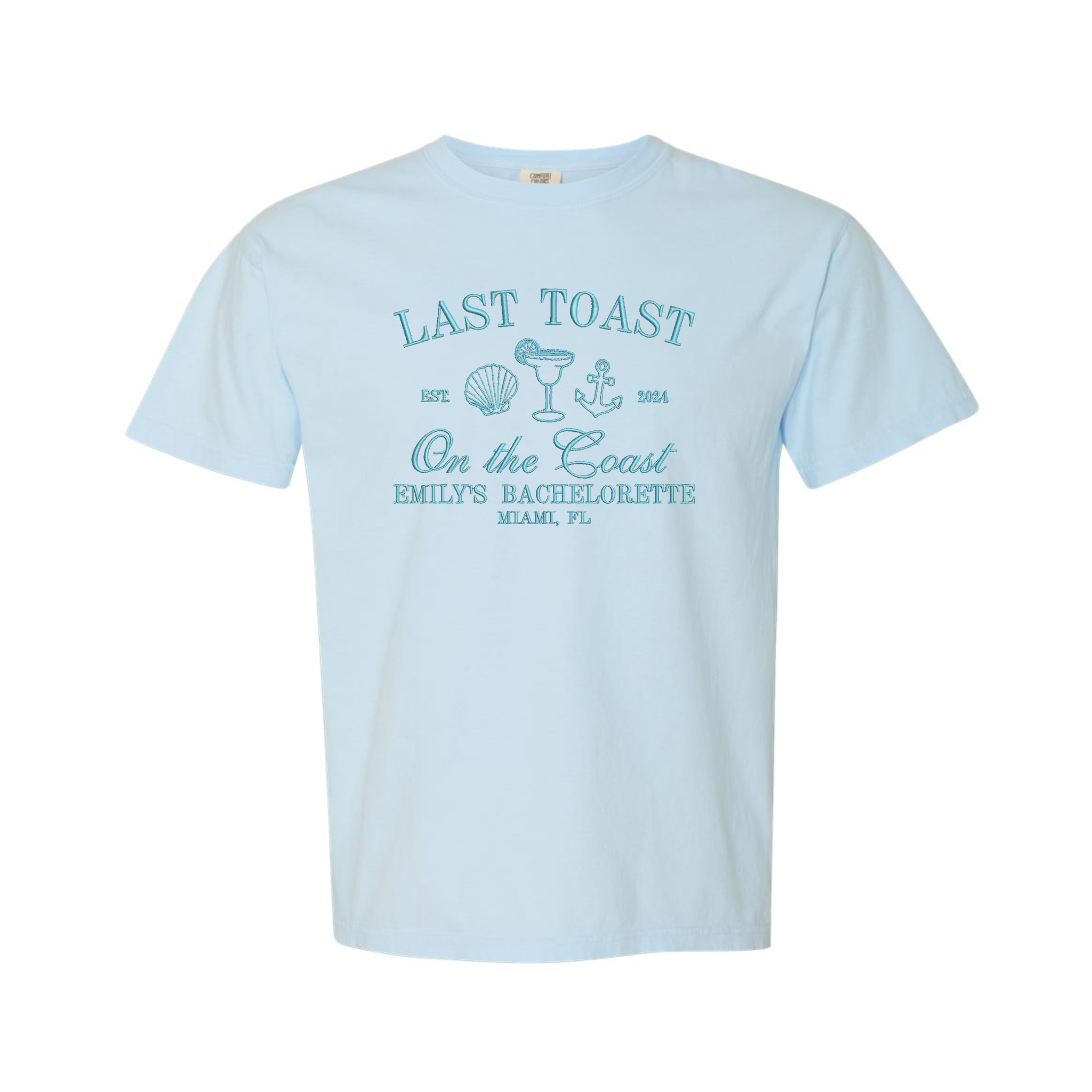 Last Toast on the Coast Beach Personalized Bridal Bachelorette Party Embroidered Comfort Color T-shirt