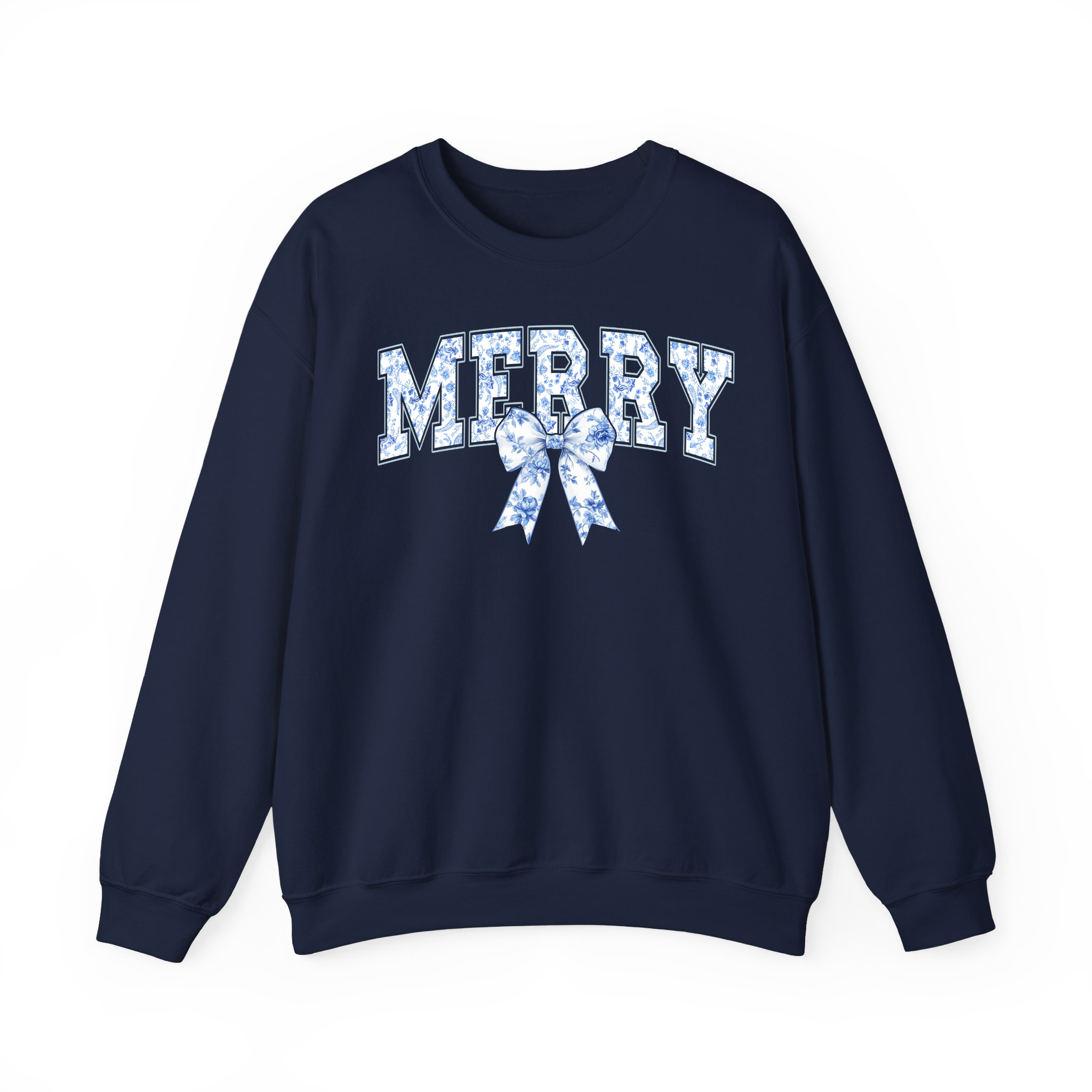 MERRY Blue Toile de Jouy Bow Girly Coquette Christmas Sweatshirt