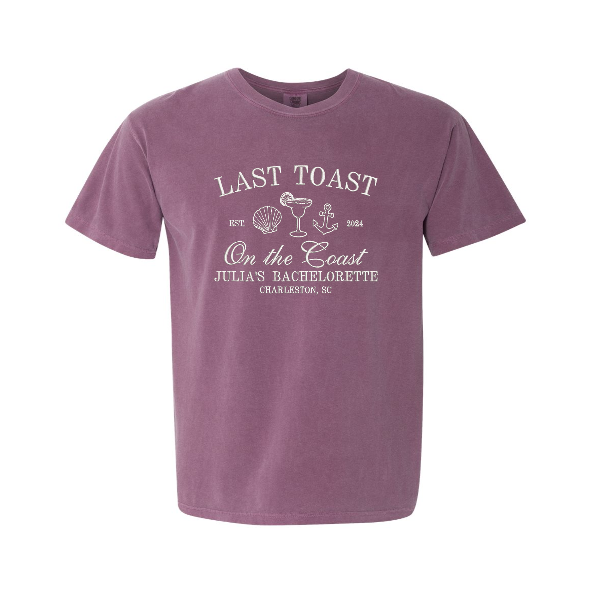 Last Toast on the Coast Beach Personalized Bridal Bachelorette Party Embroidered Comfort Color T-shirt