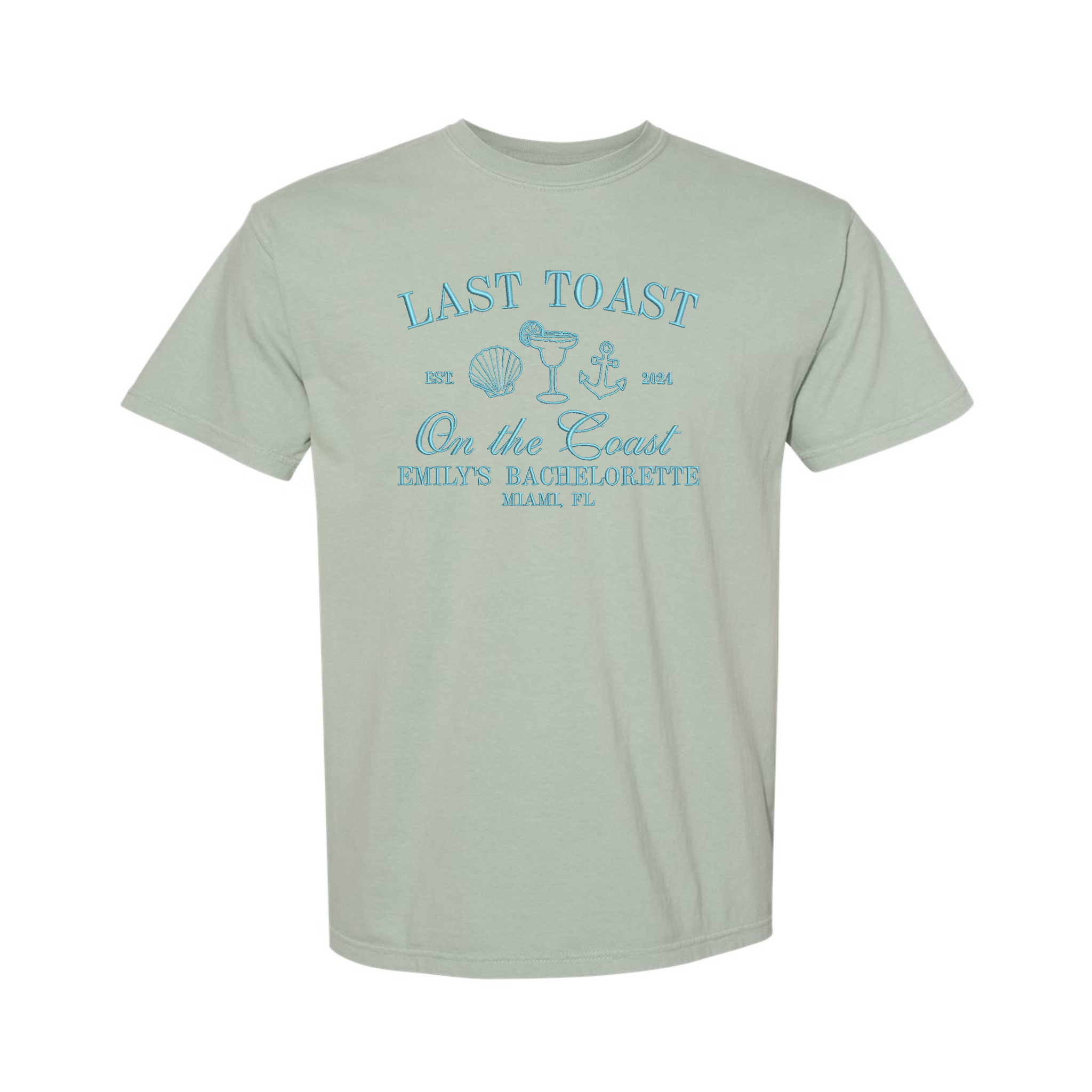 Last Toast on the Coast Beach Personalized Bridal Bachelorette Party Embroidered Comfort Color T-shirt