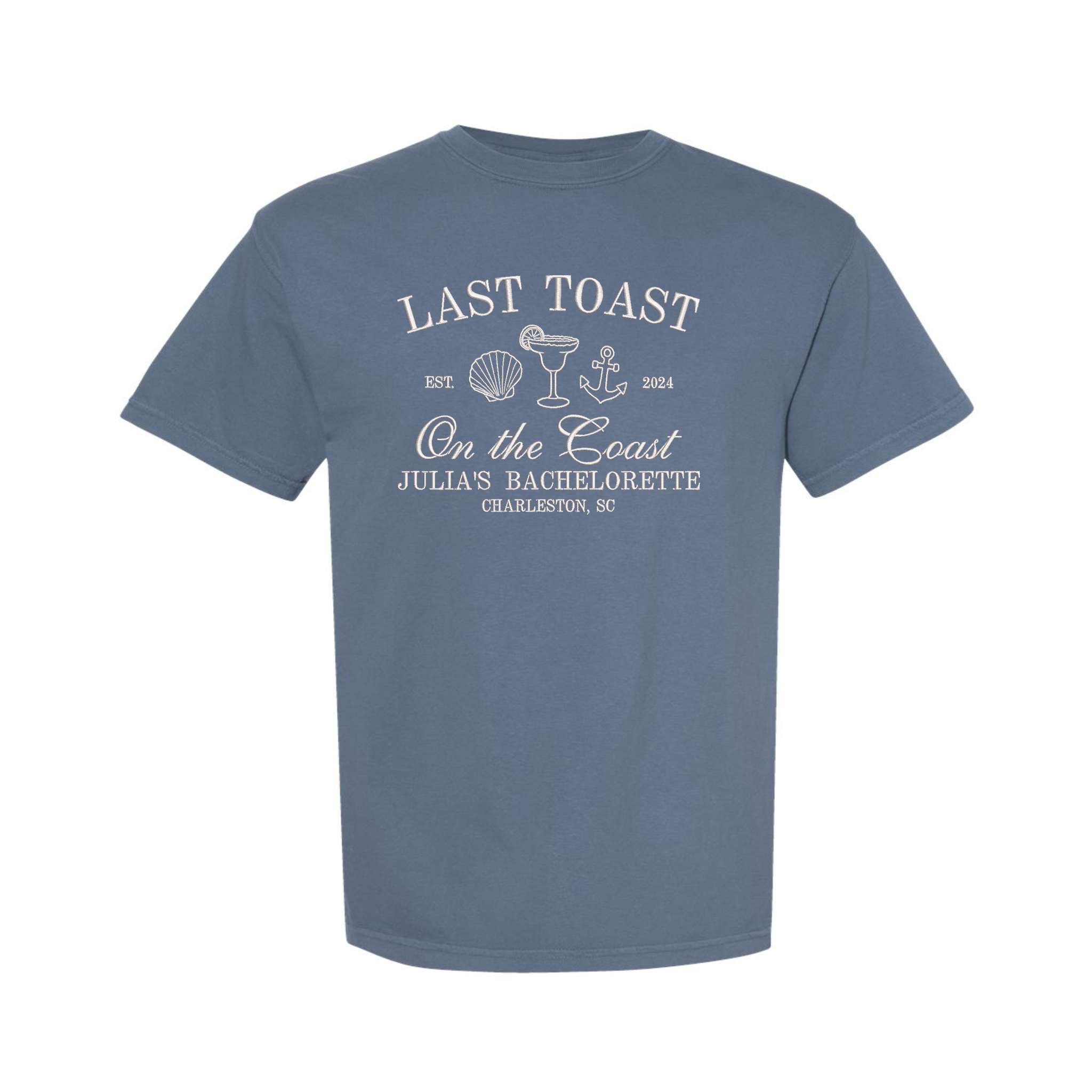 Last Toast on the Coast Beach Personalized Bridal Bachelorette Party Embroidered Comfort Color T-shirt