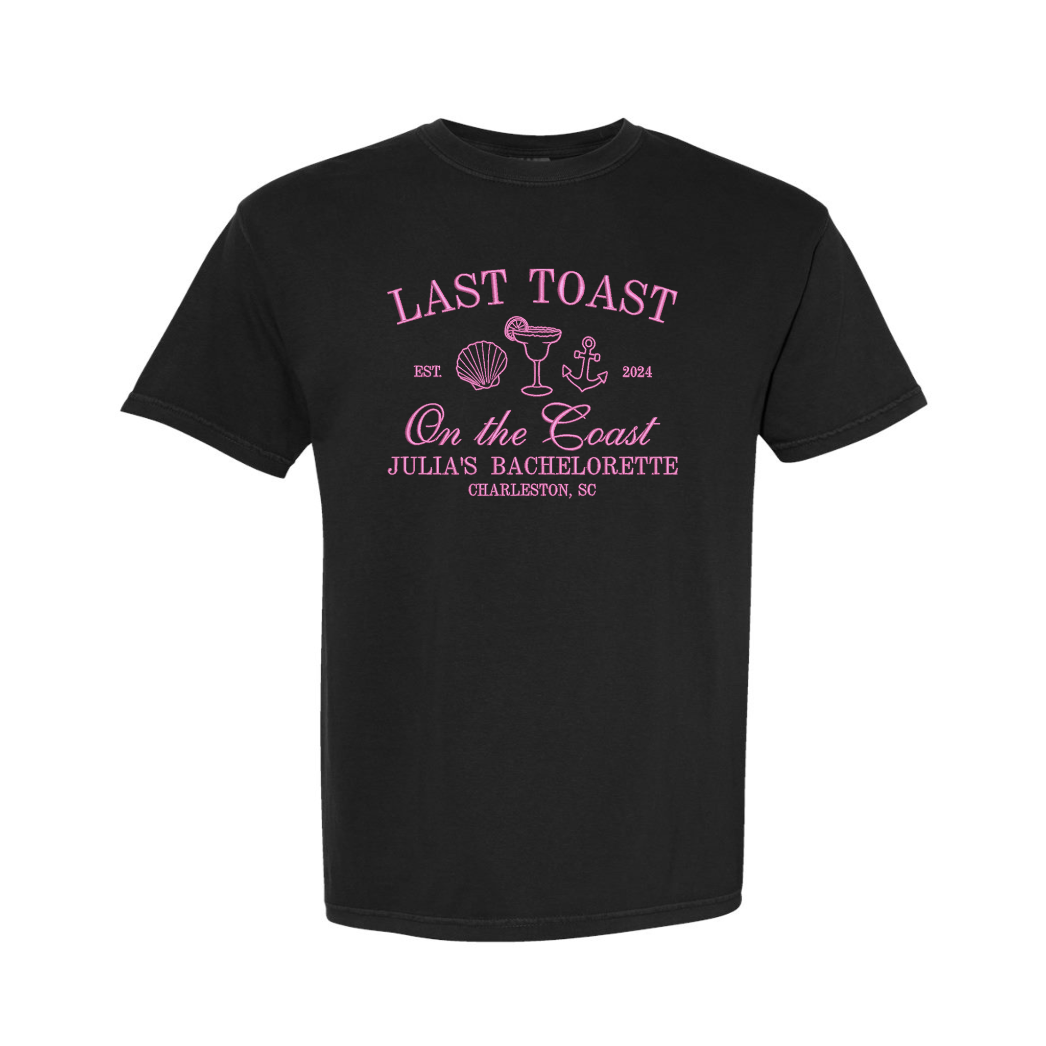 Last Toast on the Coast Beach Personalized Bridal Bachelorette Party Embroidered Comfort Color T-shirt