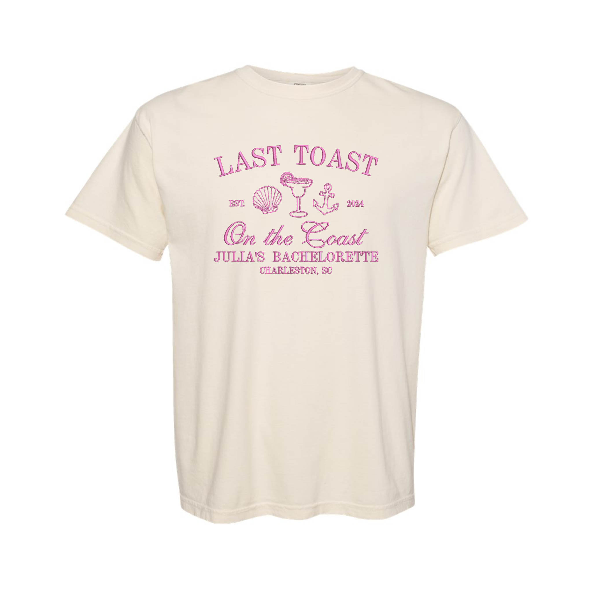 Last Toast on the Coast Beach Personalized Bridal Bachelorette Party Embroidered Comfort Color T-shirt