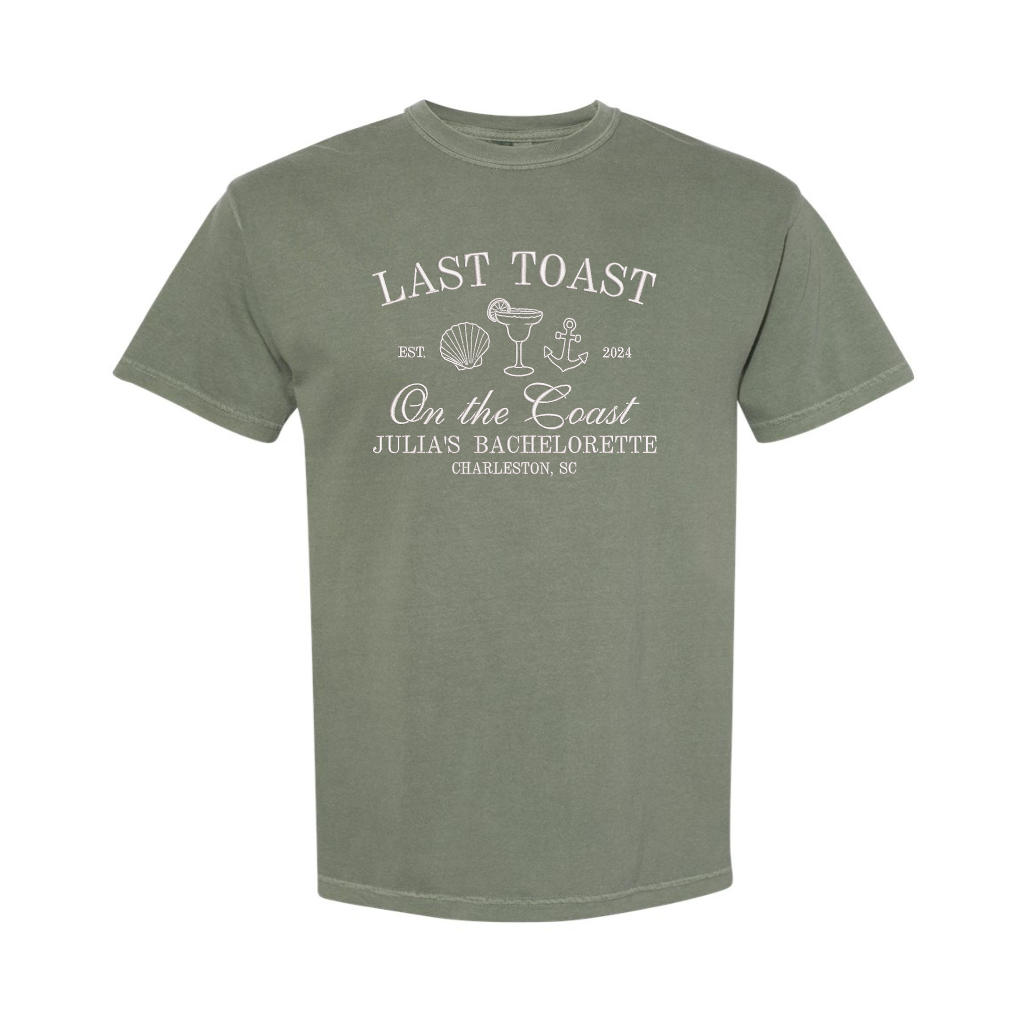 Last Toast on the Coast Beach Personalized Bridal Bachelorette Party Embroidered Comfort Color T-shirt