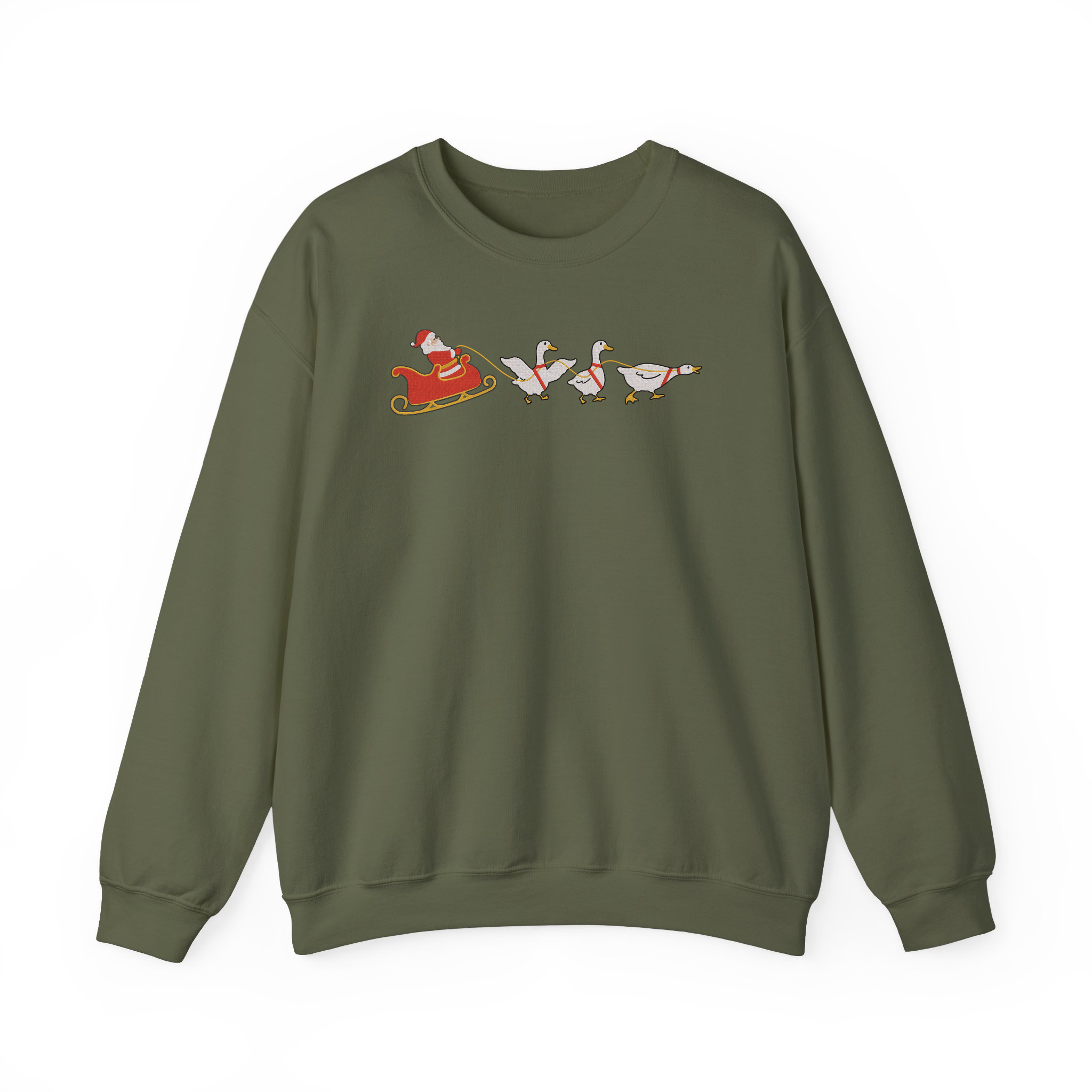 Funny Christmas Silly Goose Sleigh and Santa Embroidered Sweatshirt