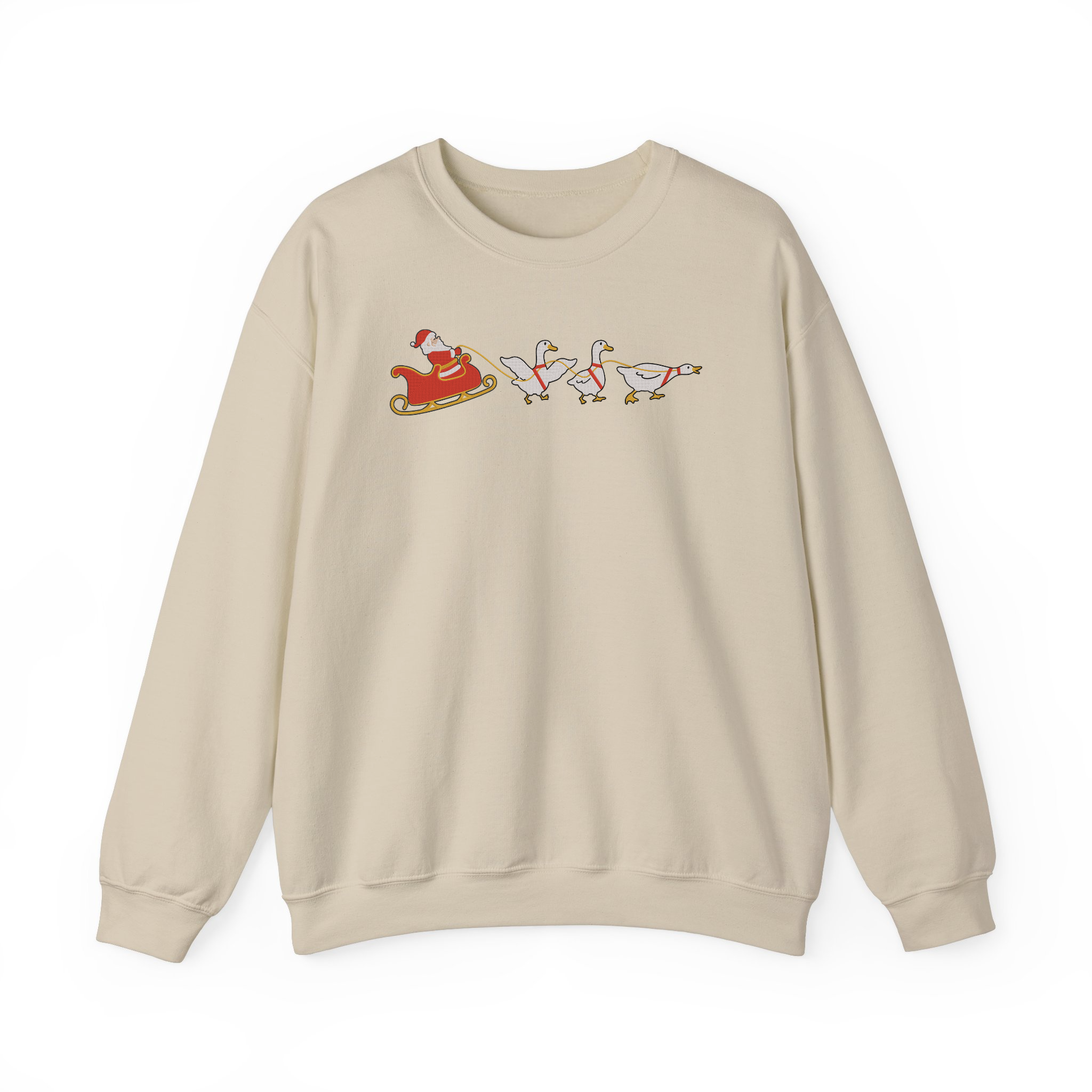 Funny Christmas Silly Goose Sleigh and Santa Embroidered Sweatshirt