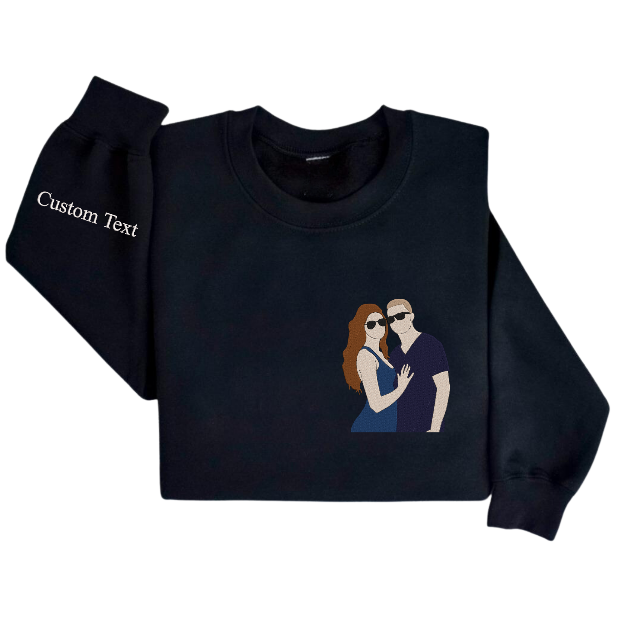 Personalized Embroidered Portrait from Photo Couple Sweatshirt With Custom Text On Sleeve