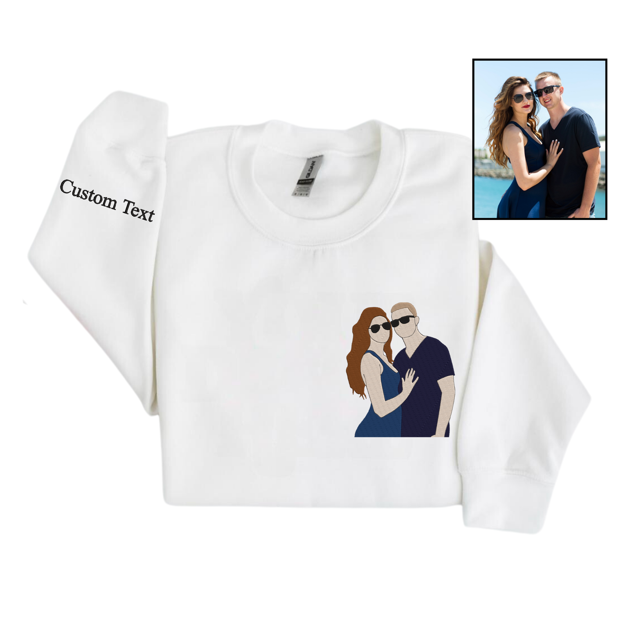 Personalized Embroidered Portrait from Photo Couple Sweatshirt With Custom Text On Sleeve