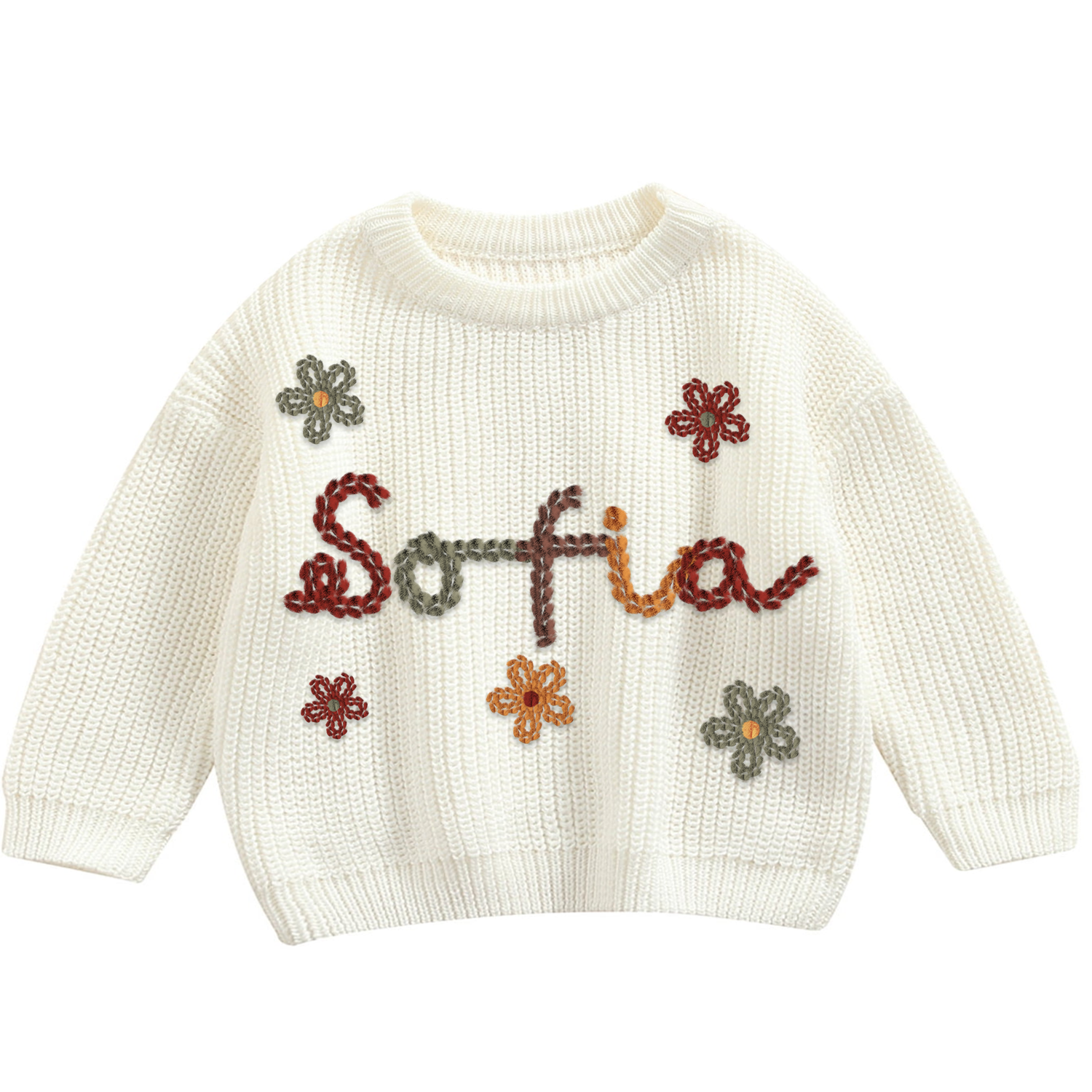 Personalized Baby/Kid's Name Hand Embroidered Knit Sweater With Retro Flower