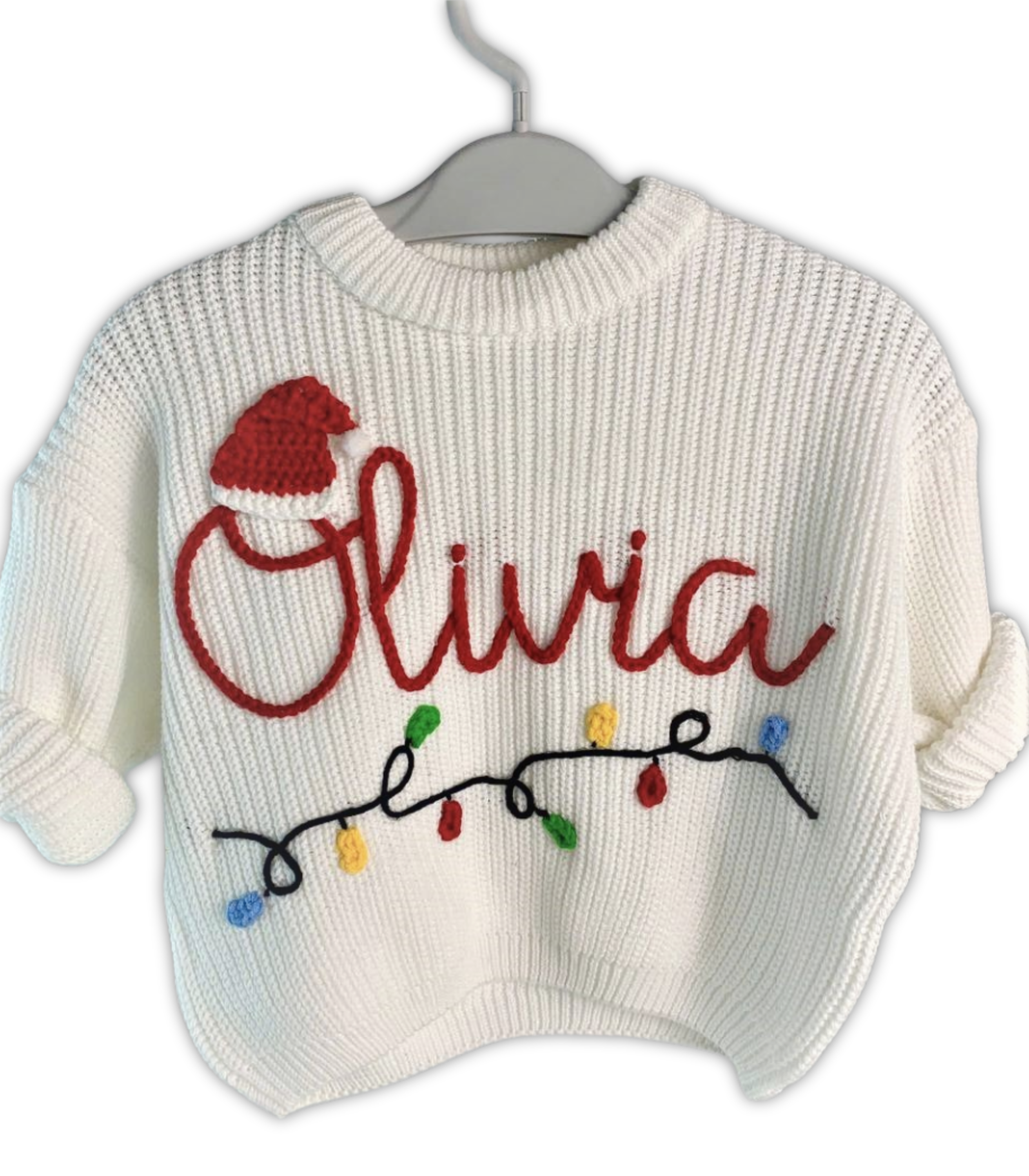 Santa Hat Custom Baby Name With Xmas Lights Hand Embroidered Knit Sweater