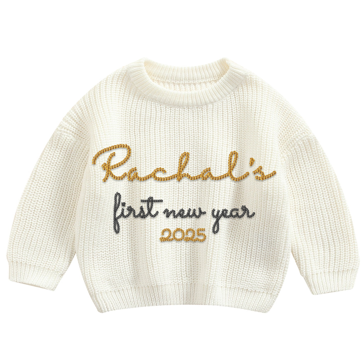 Personalized Baby Name First New Year 2025 Hand Embroidered Baby Knit Sweater