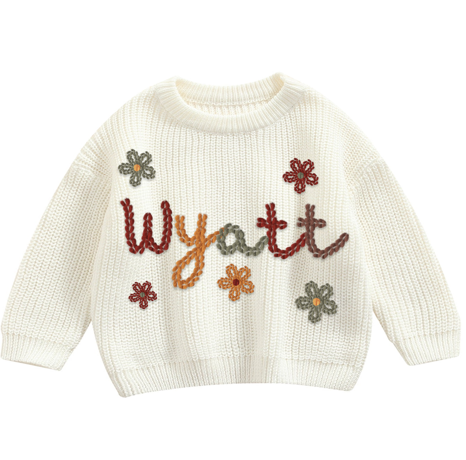 Personalized Baby/Kid's Name Hand Embroidered Knit Sweater With Retro Flower