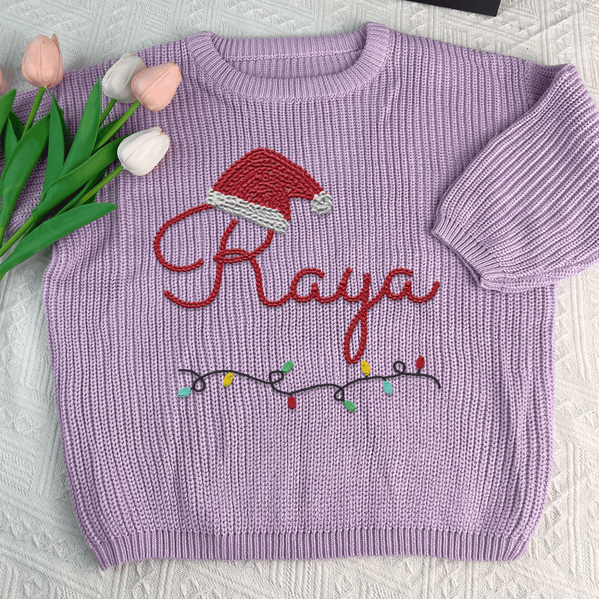 Santa Hat Custom Baby Name With Xmas Lights Hand Embroidered Knit Sweater