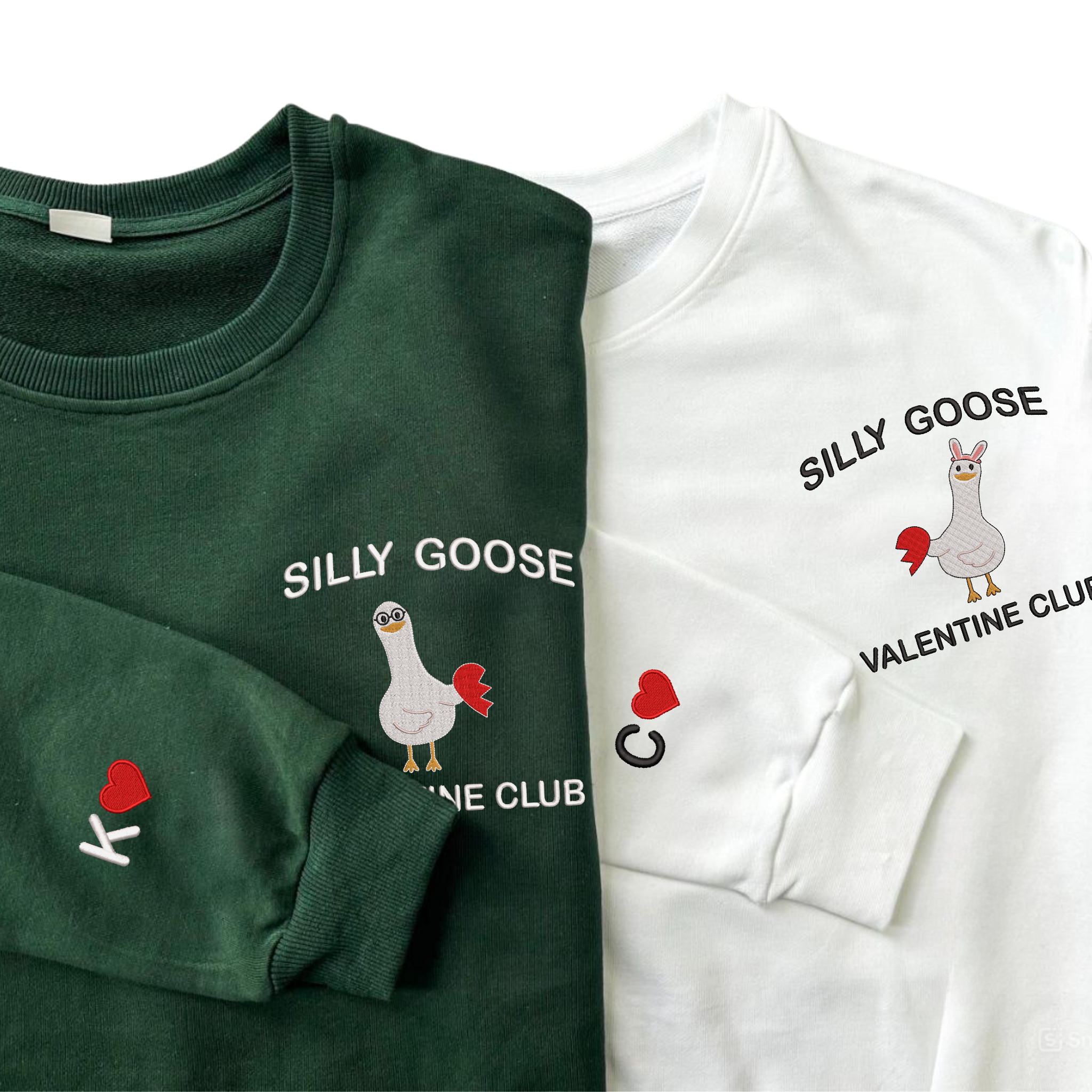 Couple Silly Goose Valentine Club Embroidered Sweatshirt, Hoodie With Custom Initial On Sleeve