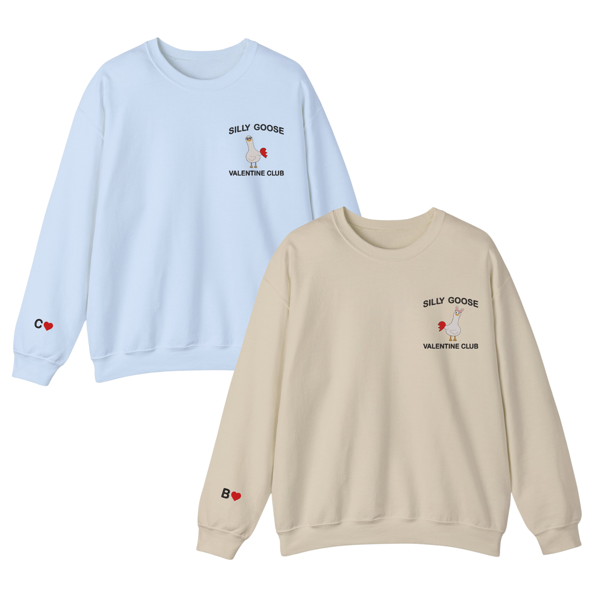 Couple Silly Goose Valentine Club Embroidered Sweatshirt, Hoodie With Custom Initial On Sleeve