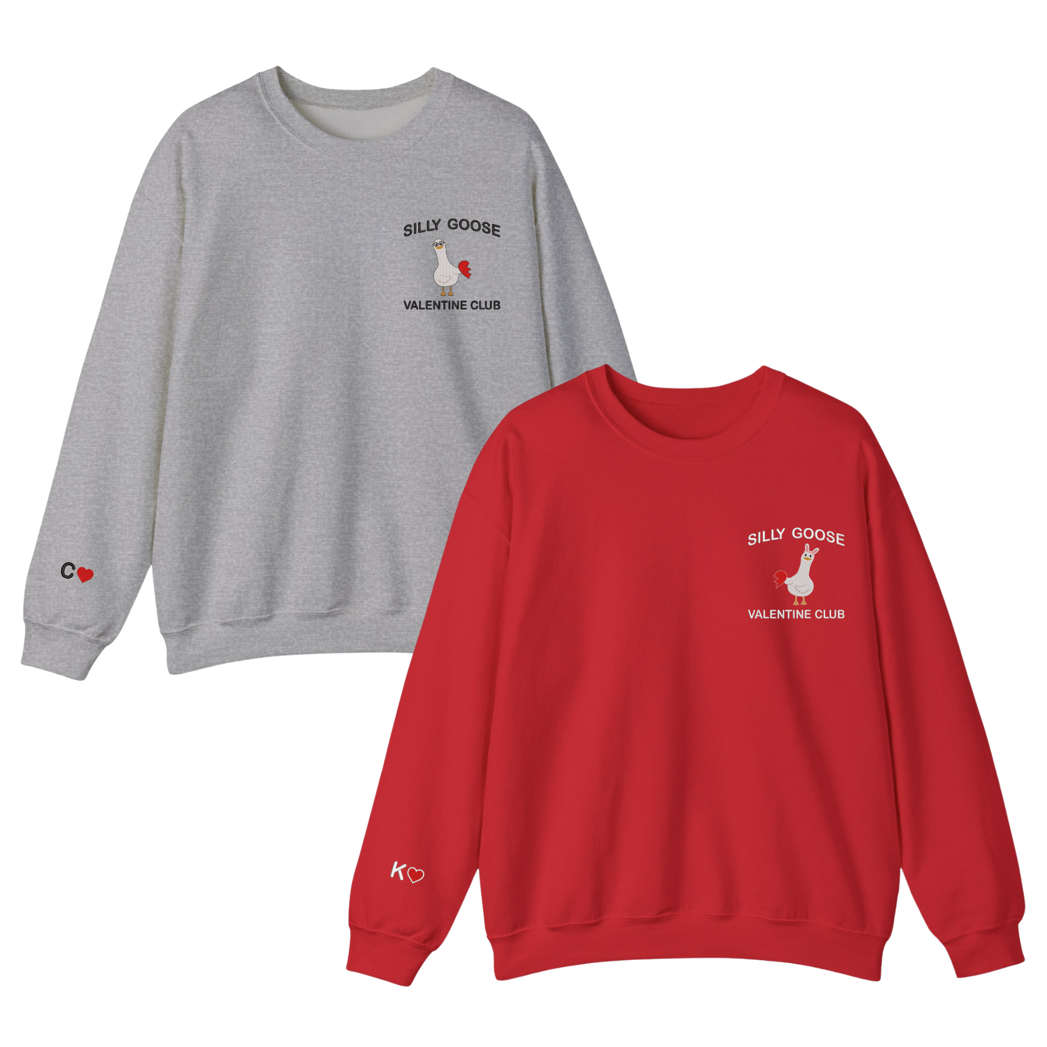 Couple Silly Goose Valentine Club Embroidered Sweatshirt, Hoodie With Custom Initial On Sleeve