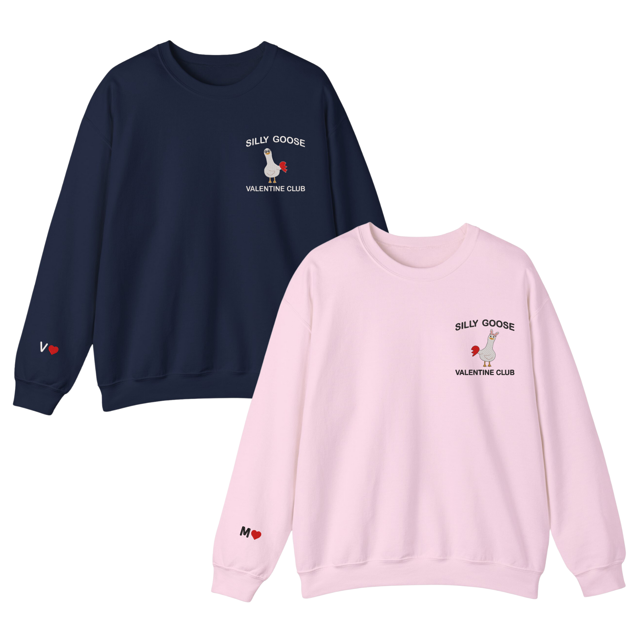 Couple Silly Goose Valentine Club Embroidered Sweatshirt, Hoodie With Custom Initial On Sleeve