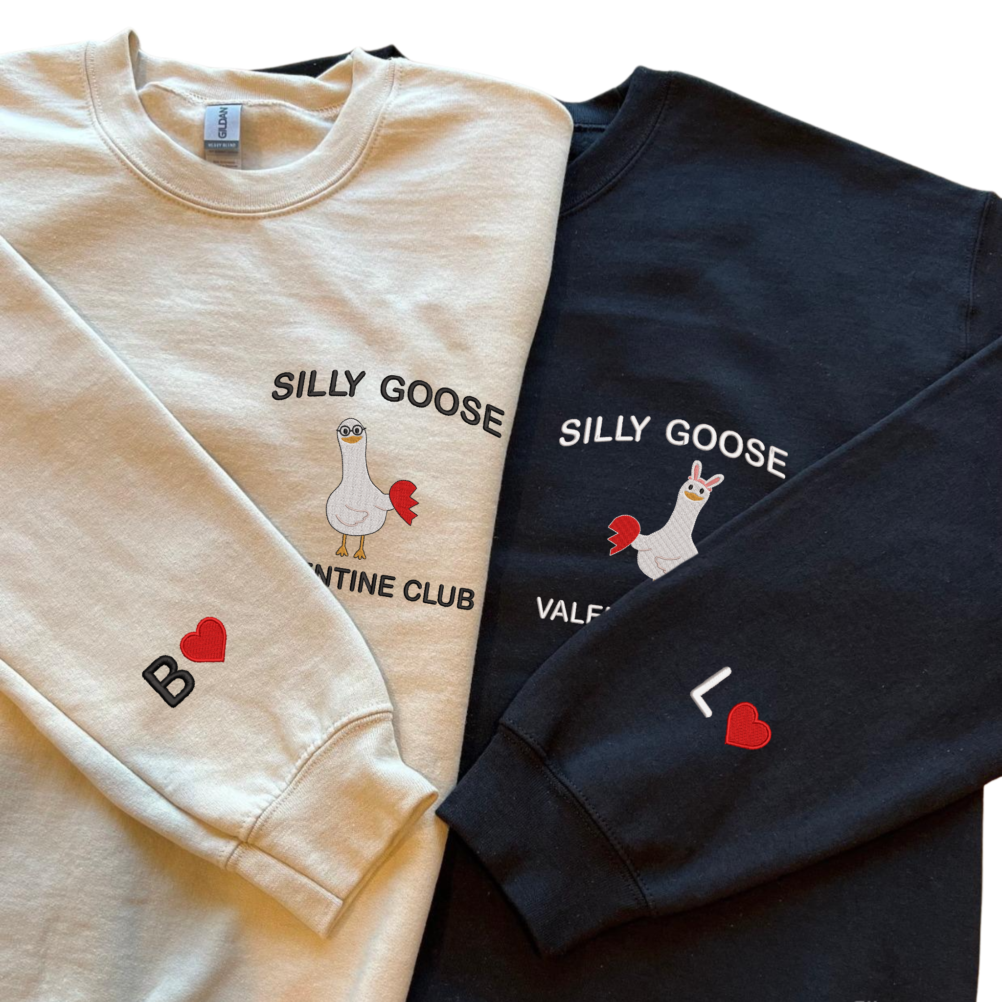 Couple Silly Goose Valentine Club Embroidered Sweatshirt, Hoodie With Custom Initial On Sleeve