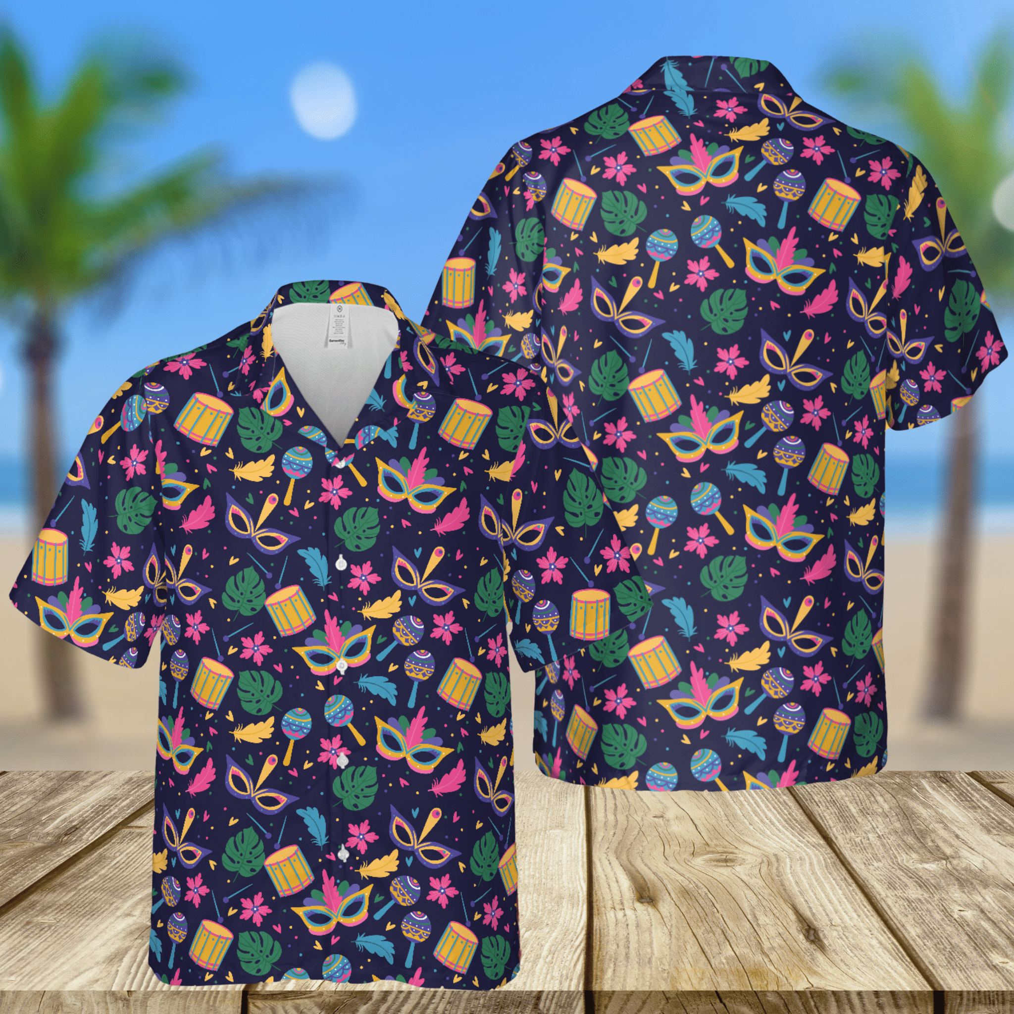 Mardi Gras Fleur De Lis Mask Button Down Hawaiian Shirt